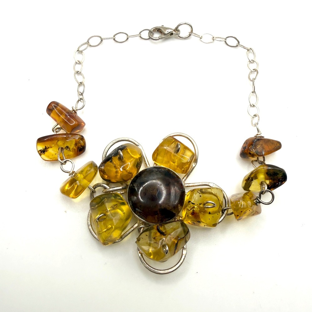 Baltic Amber Bracelet Flower Statement Chunky Polished Stone Boho